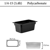 Δοχείο polycarbonate μαύρο GN 1/4 | 15 cm  (-40 ˚C έως + 100 ˚C)