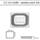 Διάτρητο δοχείο GN 1/2 inox 304 (18/8)  - (0,6) ύψος 6,5 cm